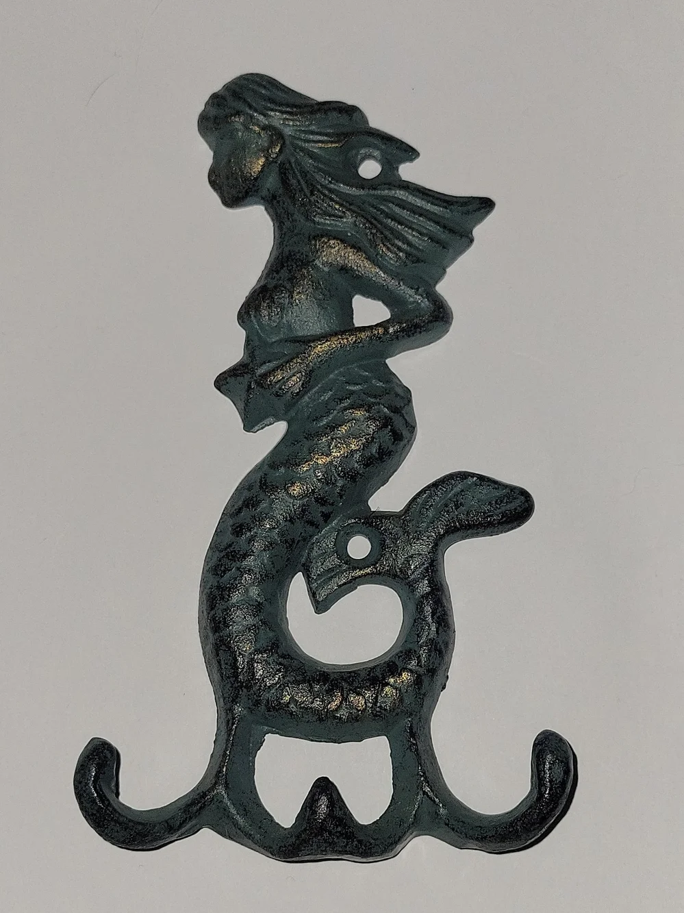 Vintage Cast Iron Mermaid Wall Hook in Teal-Green